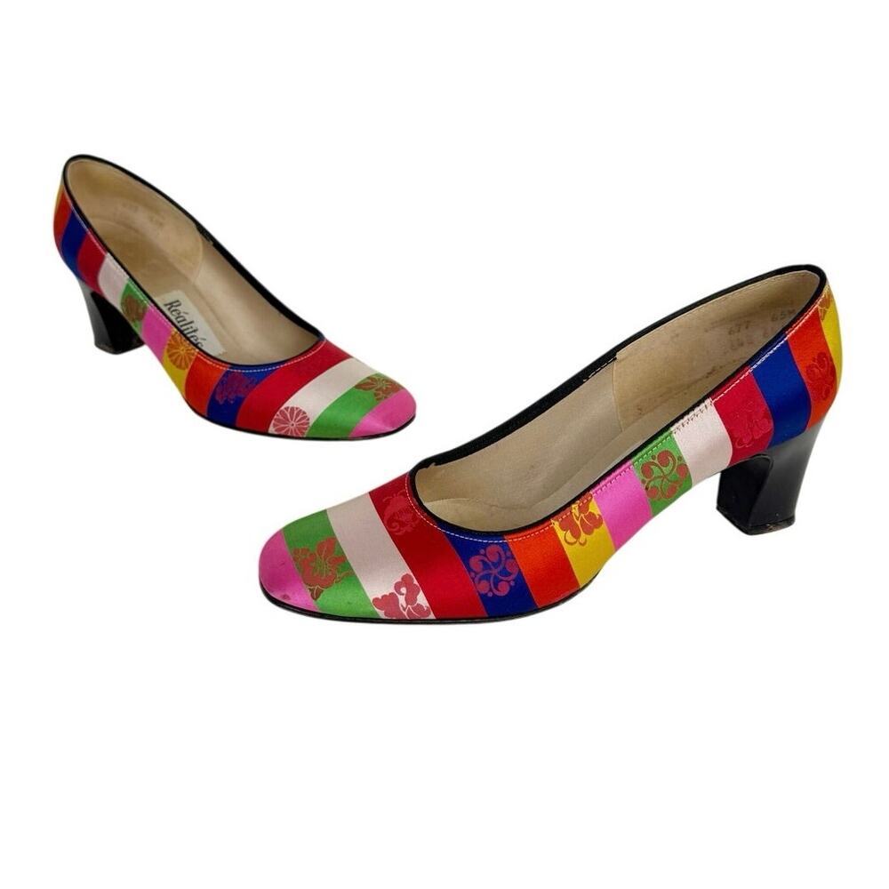 Vintage 60s Realites Japanese Rainbow Stripe Silk Heels Pumps Sz 6.5